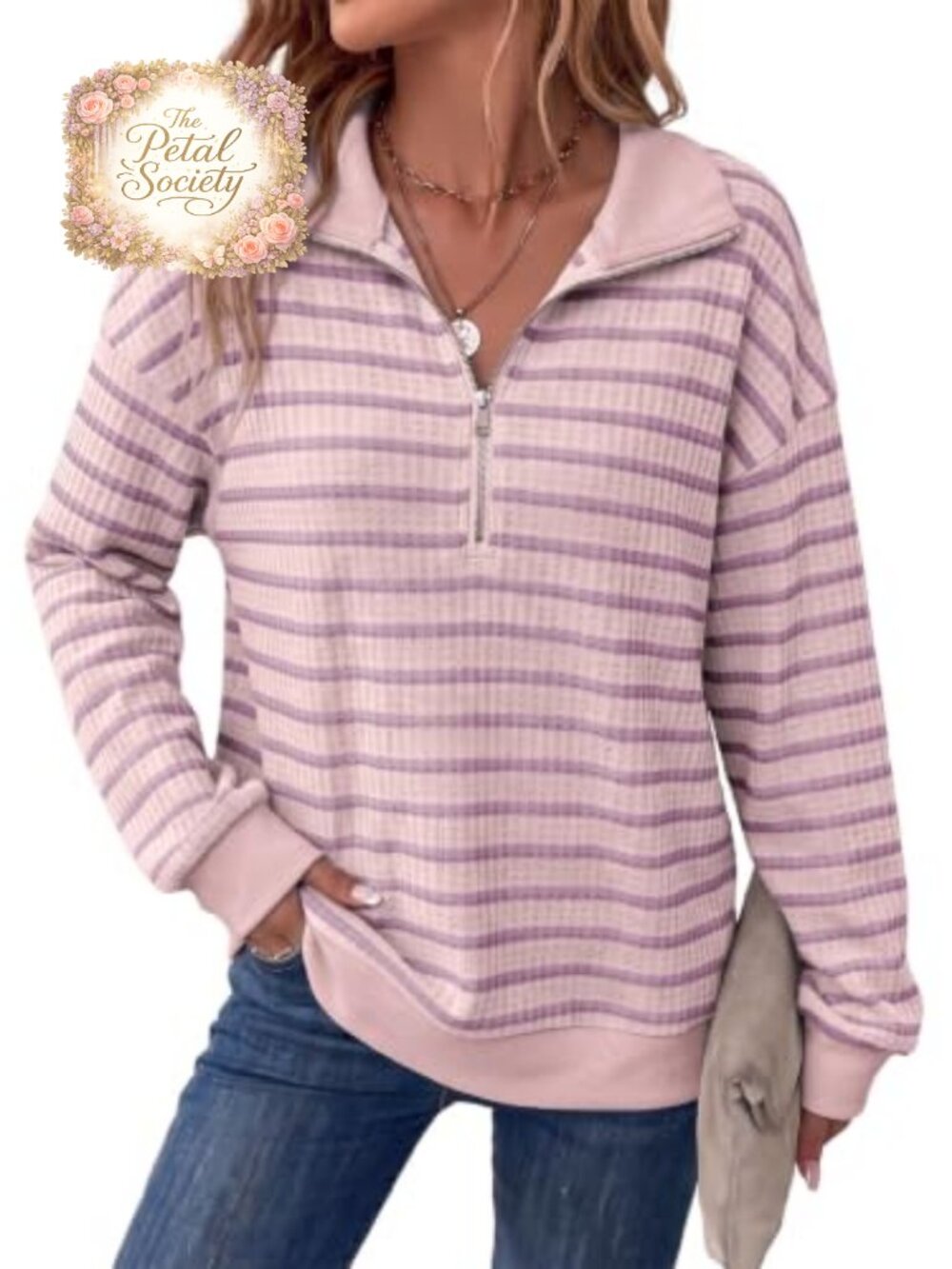 Women's Half Zip Waffle Knit Striped Sweatshirt Loose Fit Pullover Top